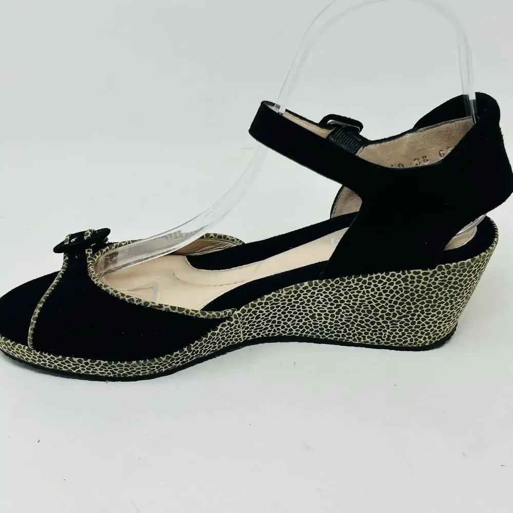 Beautifeel Sandals Black Size 38 Suede Ankle Strap Giraffe Print Wedge Heel